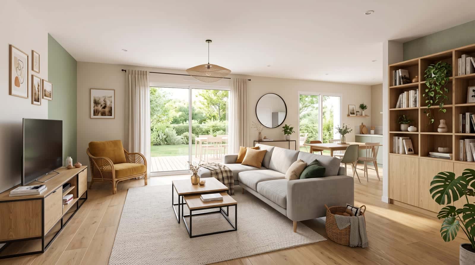Salon d'un appartement familial avec parquet et grandes fenêtres