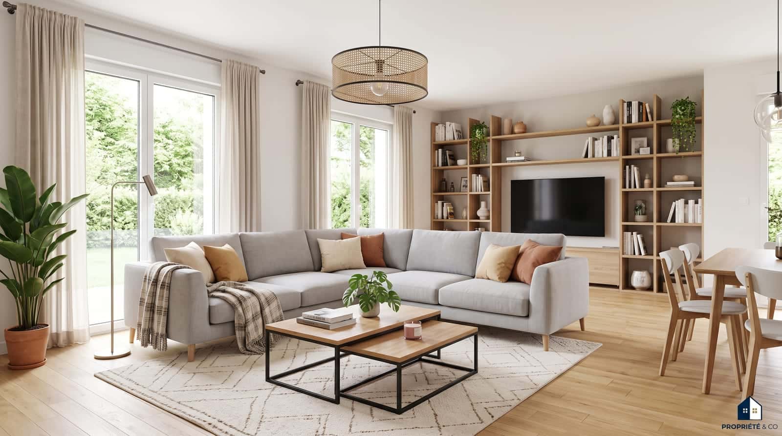 Séjour lumineux d'un appartement rénové avec canapé et bibliothèque